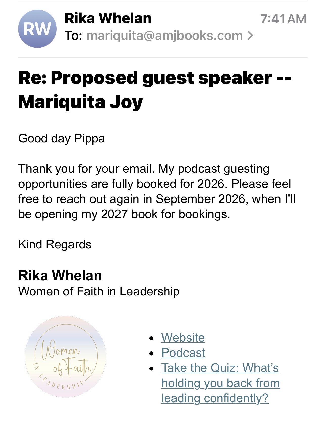 Email from Rika Whelan responding to Pippa's podcast pitch