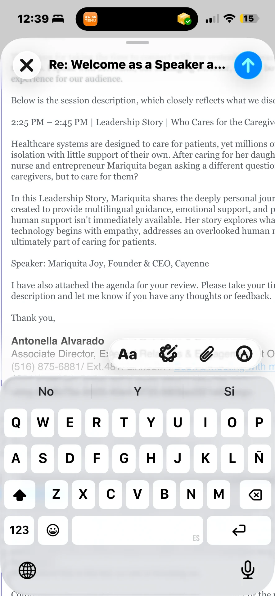 Email from Antonella Alvarado welcoming Mariquita Joy as a speaker
